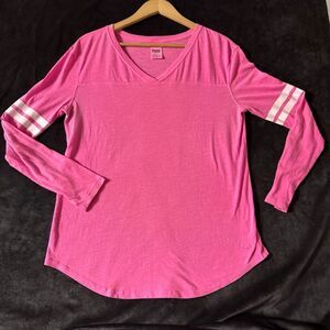Victoria's Secret PINK Sm Hot Pink Sheer Long Sleeve Varsity Striped Logo V-Neck